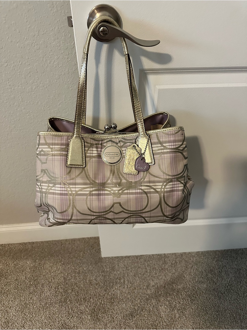 Coach Lavender Plaid Tote with Metallic Gold Trim